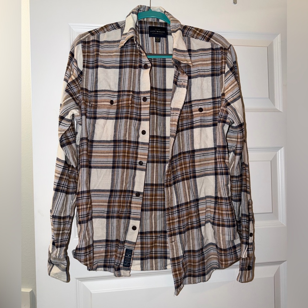 Lucky Brand Men's Plaid Button-Down Shirt in Cream, Brown, Black